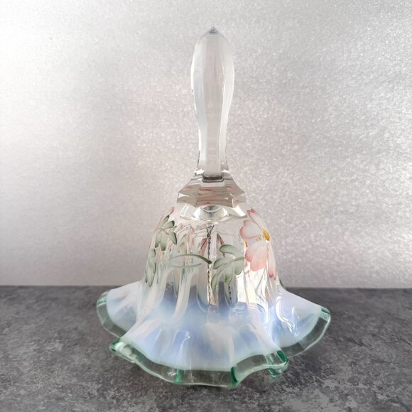 Fenton Opalescent Meadow Beauty Green Crest Hand-painted Bell 6.5” - Picture 3 of 6